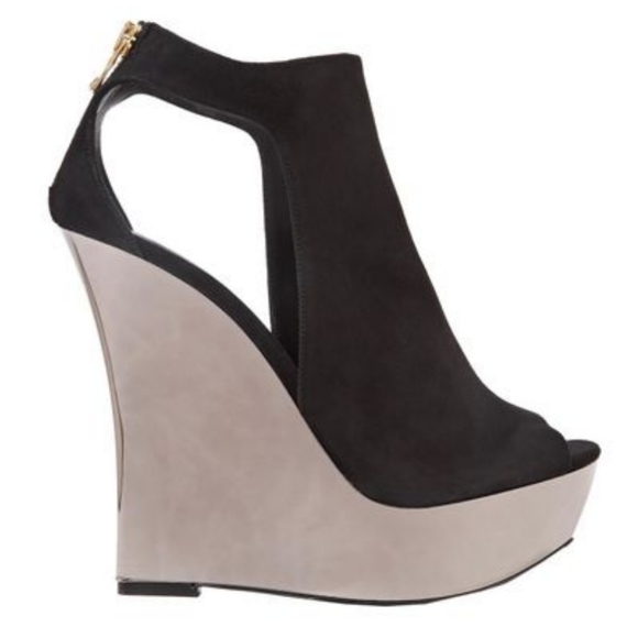 BALMAIN Cutout Leather Suede Open Toe Ankle Wedges - Picture 3 of 10